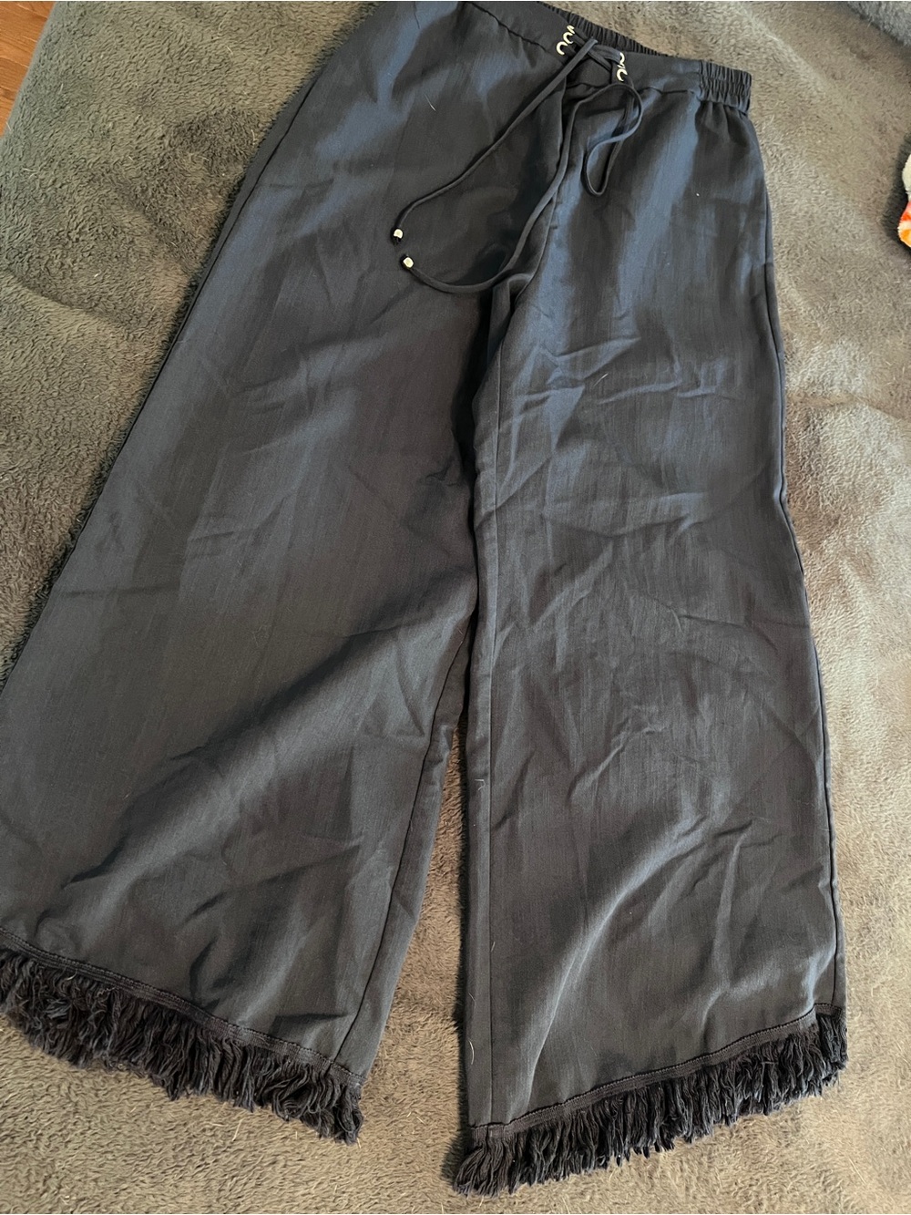 Grace Karin Navy Wide-Leg Fringe Hem Pants